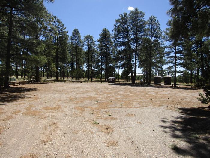 Empty dirt parking lot surrounded by pine trees.Parking area for Ponderosa Group Campground. One RV or trailer is permitted per site. All vehicles must posses and display a valid Bandelier entrance pass or America the Beautiful Interagency Pass. Entrance passes can be obtained at the Automated Fee Machine at the main park entrance or at the Visitor Center.