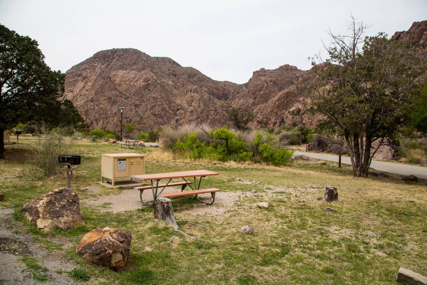 Chisos Basin Campsite #39 side viewView showing grill, bear box, picnic table and tent pad.