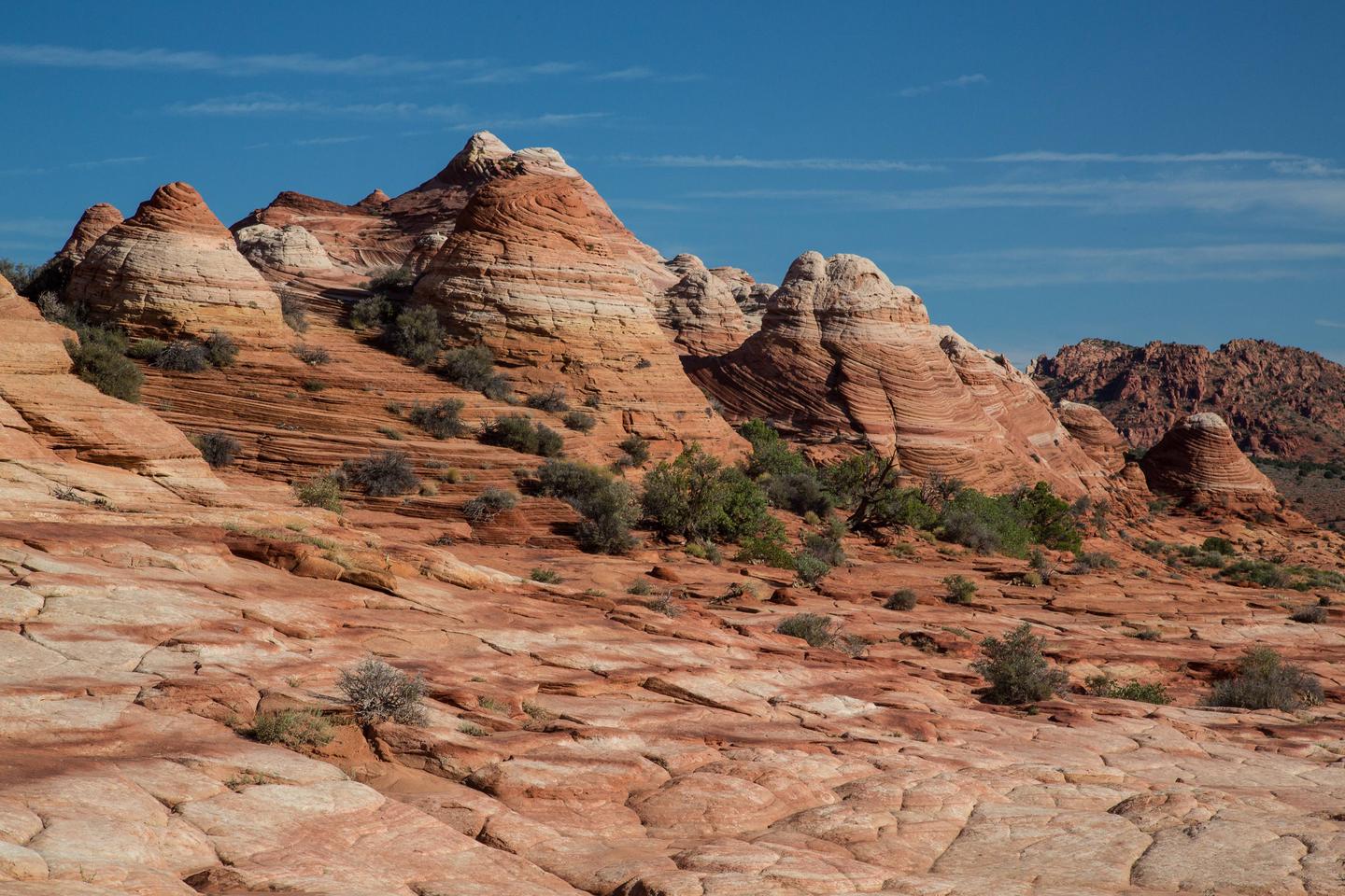 A grouping of teepees in Coyote Buttes North with a sandstone surfaced landscape in the foreground. Coyote Buttes North teepees