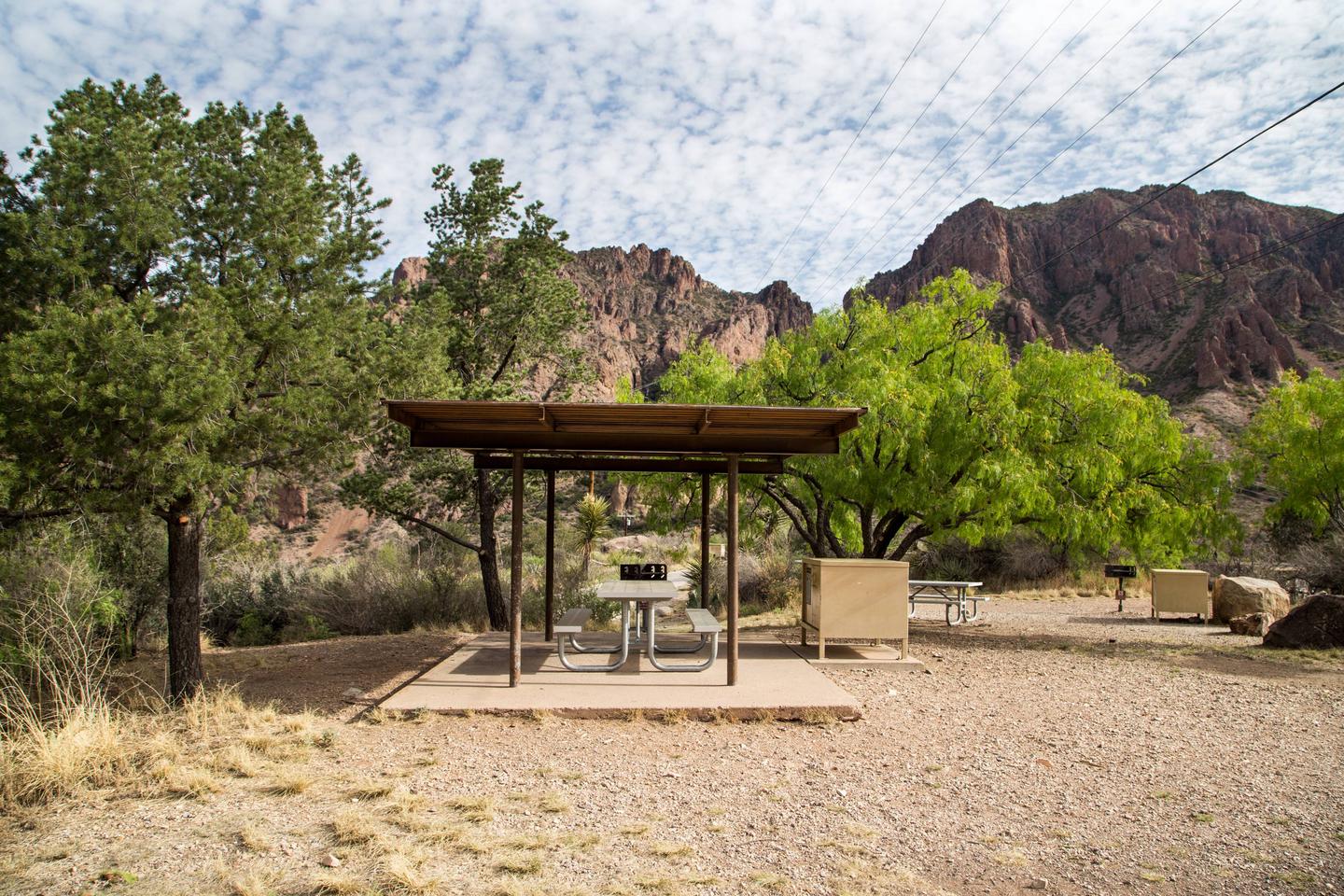 Chisos Basin Campsite #29 full viewView showing shade ramada and all amenities