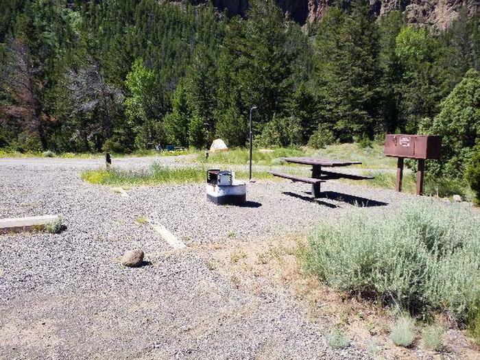 Rex Hale Campsite 21 - Back View and Picnic Area, Picnic table, fire ring, bear box, gravel parking areaRex Hale Campsite 21 - Back View and Picnic Area