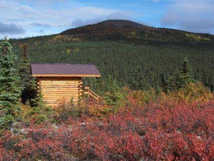 A small cabin sits on a ridge surrounded by fall foilageSummit Trail Shelter on a fall day