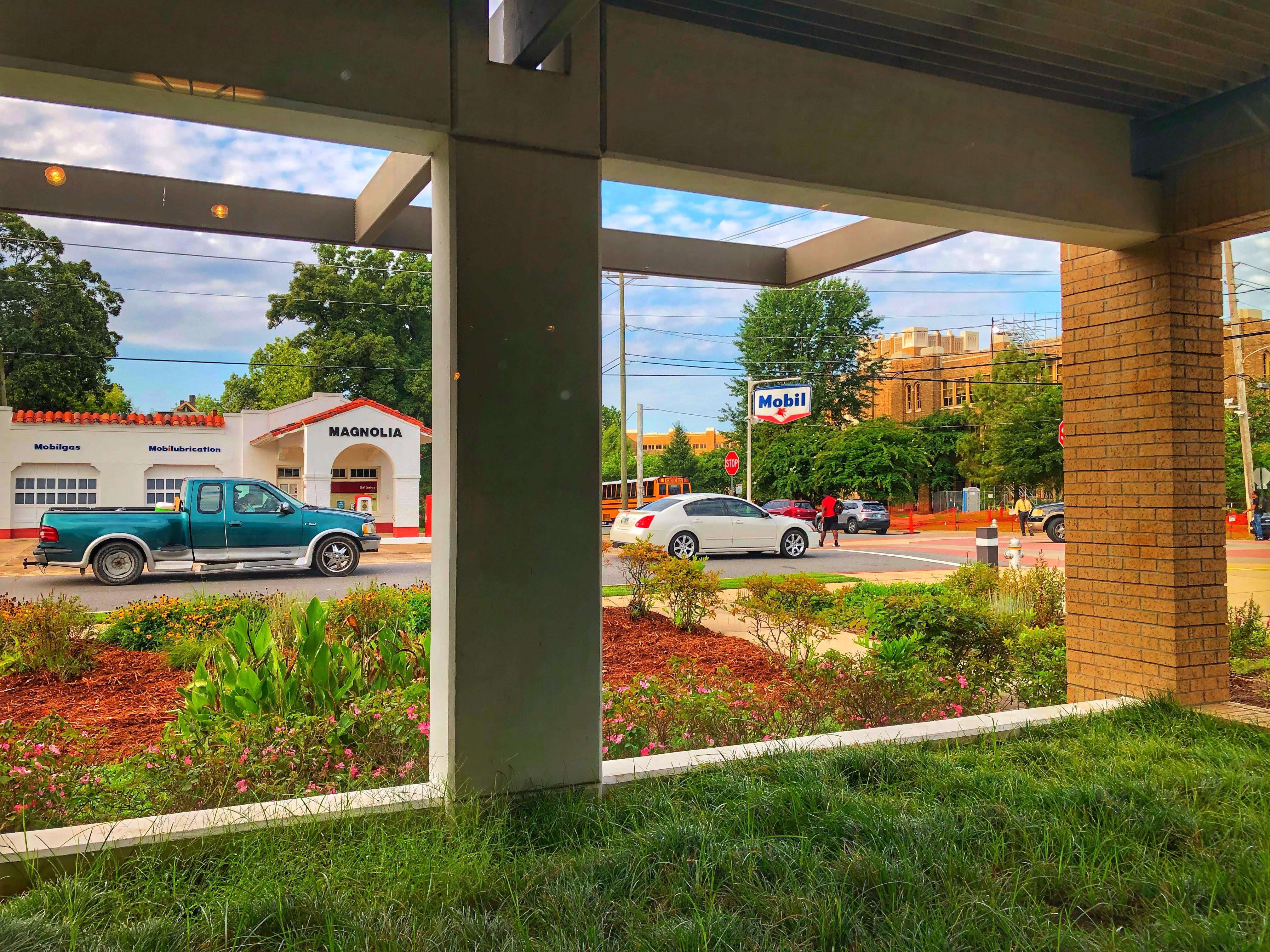 view from visitor center of the Magnolia/Mobil station and Central High School