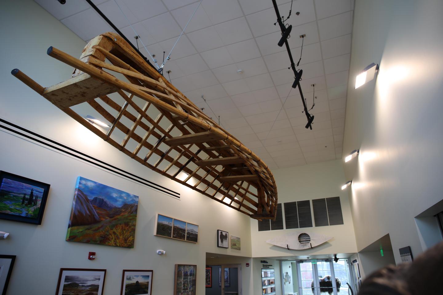 Umiaq and artwork at the Heritage CenterDisplays include traditional a tradition umiaq and artwork created through the Artists-in-Residence Program