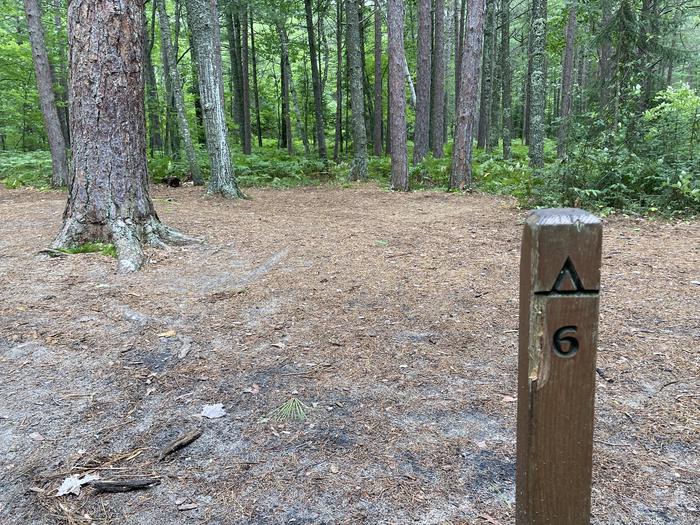 A rustic campsite and a brown pole with the number 6 on it.Chapel site #6. No campfires are allowed anywhere in this campground.