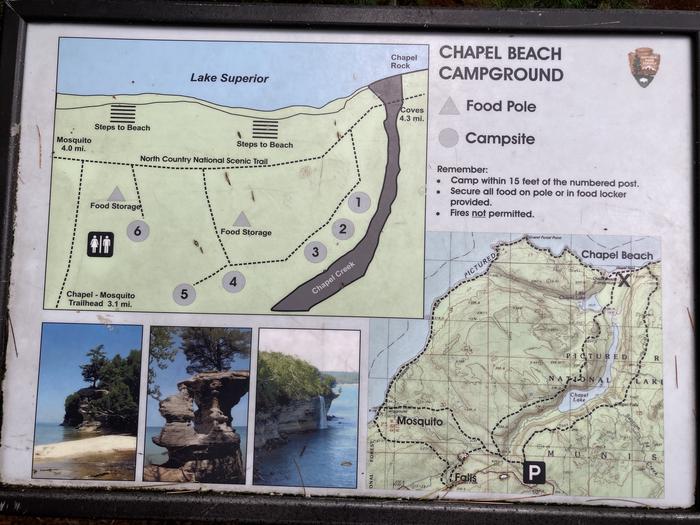 A zoomed in version of the sign with a map of the Chapel/Mosquito trails and the layout of Chapel Beach campground.