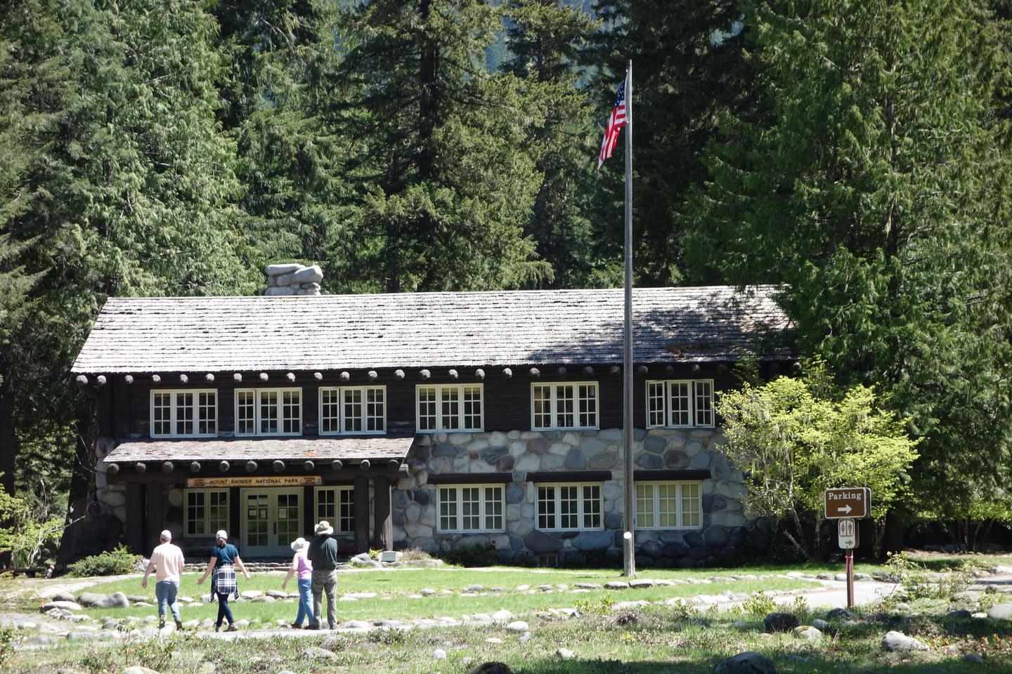 Longmire Administration Building in SummerThe Longmire Wilderness Information Center is located inside the lobby of the historic Longmire Administration Building.