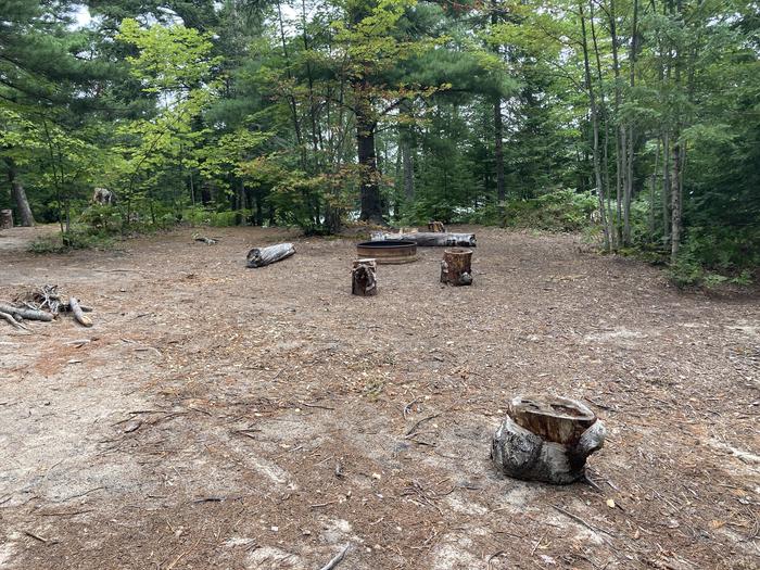 A fire ring in a clearing in the woods.The shared metal fire ring at Trappers group. Campfires are allowed within this ring only, nowhere else.