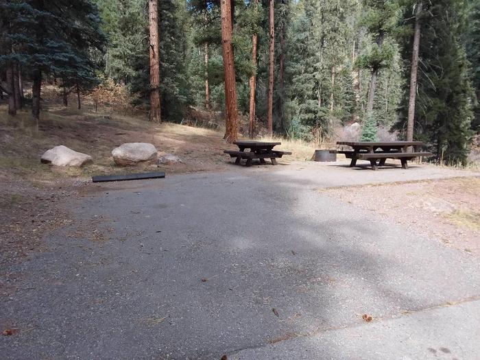 Campsite four has two picnic tables, fire pit, and is surrounded by ponderosa pines.Image of campsite 4 with forest in background.