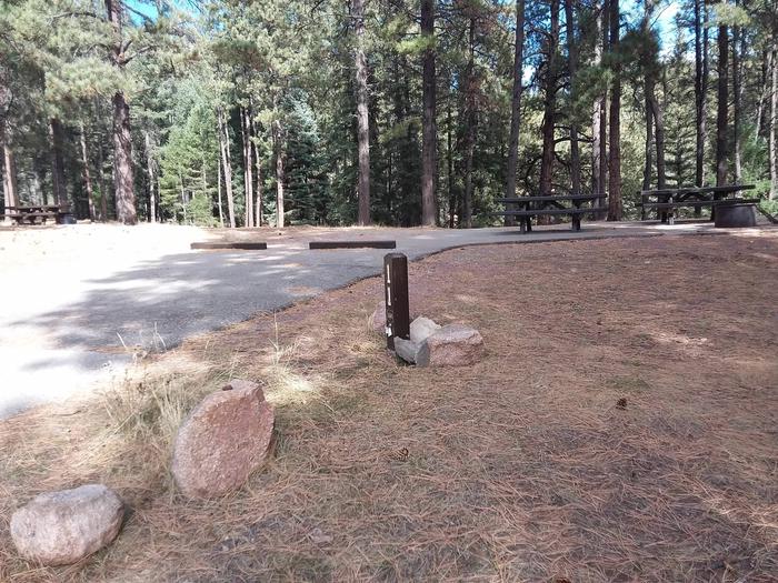 Campsite 11 is a double driveway site with two picnic tables, a fire pit and shade.Pines shade site 11 from the sun.