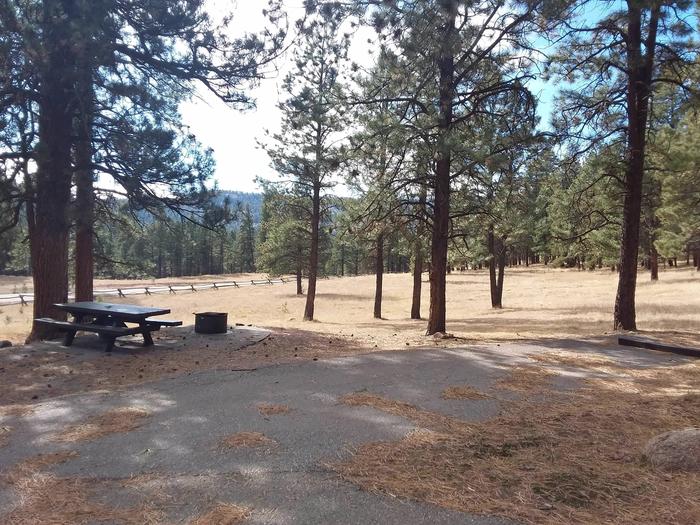 Campsite 13 provides a picnic table, fire pit, shade, and a view of the Jemez Mountains.Site 13 