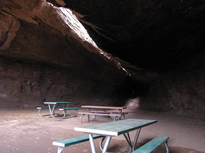 Inside the overhang at split top with picnic tables and a fire ring.