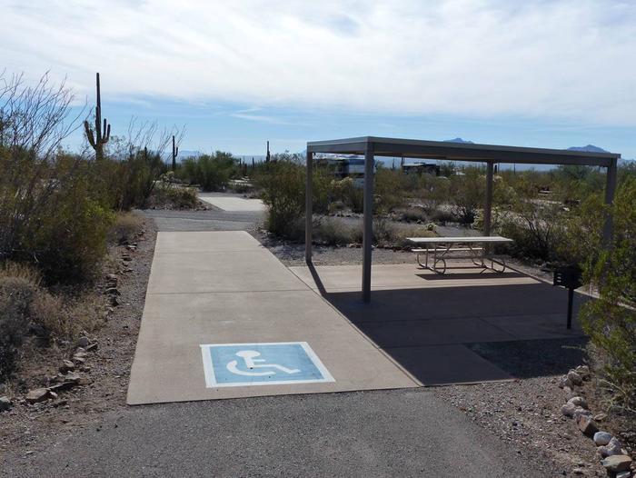 Pull-thru campsite with picnic table and grill, cactus and desert vegetation surround site.  Handicap logo is visible on the groundSite 017