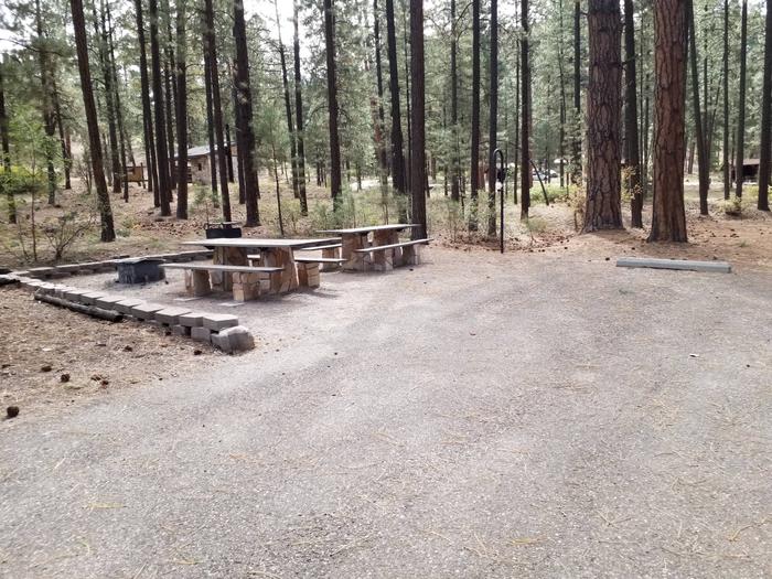 A campsite next to a paved driveway with two picnic tables, a grill, metal fire ring, and lantern post.Site 19