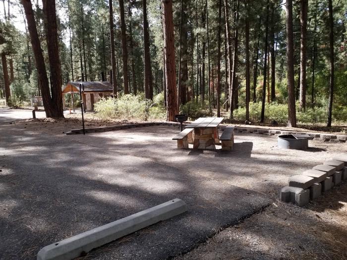 A campground shaded by pines with a picnic table, grill, metal fire ring and lanternpost on a gravel surface.Site 20