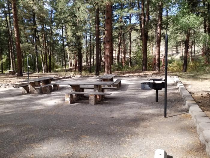 Three picnic tables, a fire ring, grill and lantern post are provided in this shaded campsite.Site 21
