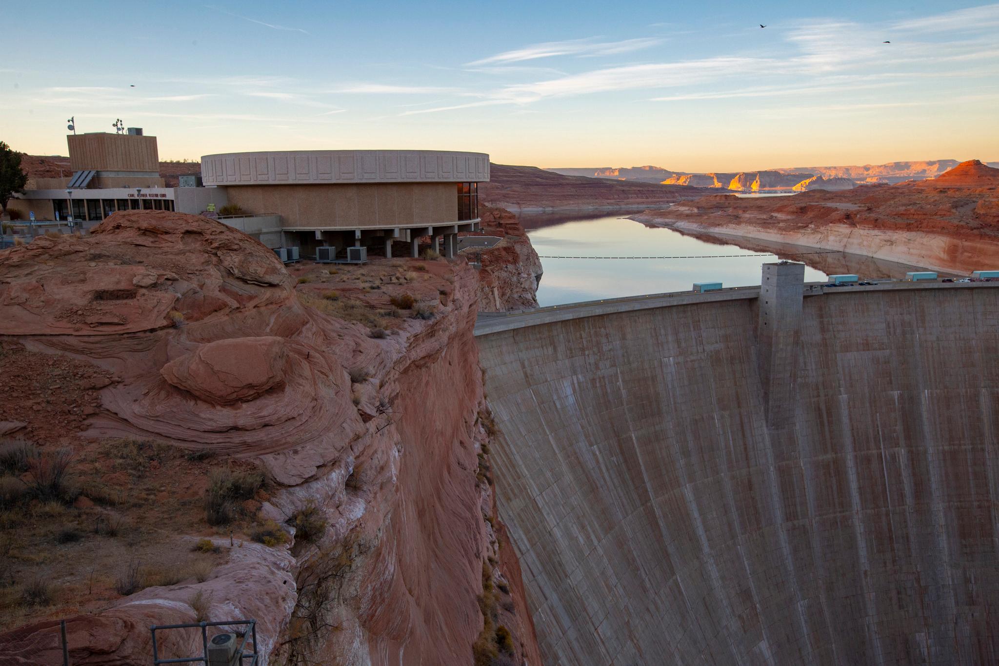 Carl Hayden Visitor Center And Glen Canyon Dam From Glen Canyon Bridge