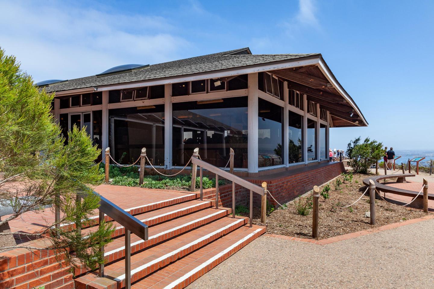 The View Building from the southThis is the walkway to the scenic overlook of San Diego Bay. The View Building is shown with its large floor to ceiling windows providing a spectacular view of San Diego Bay and the city.