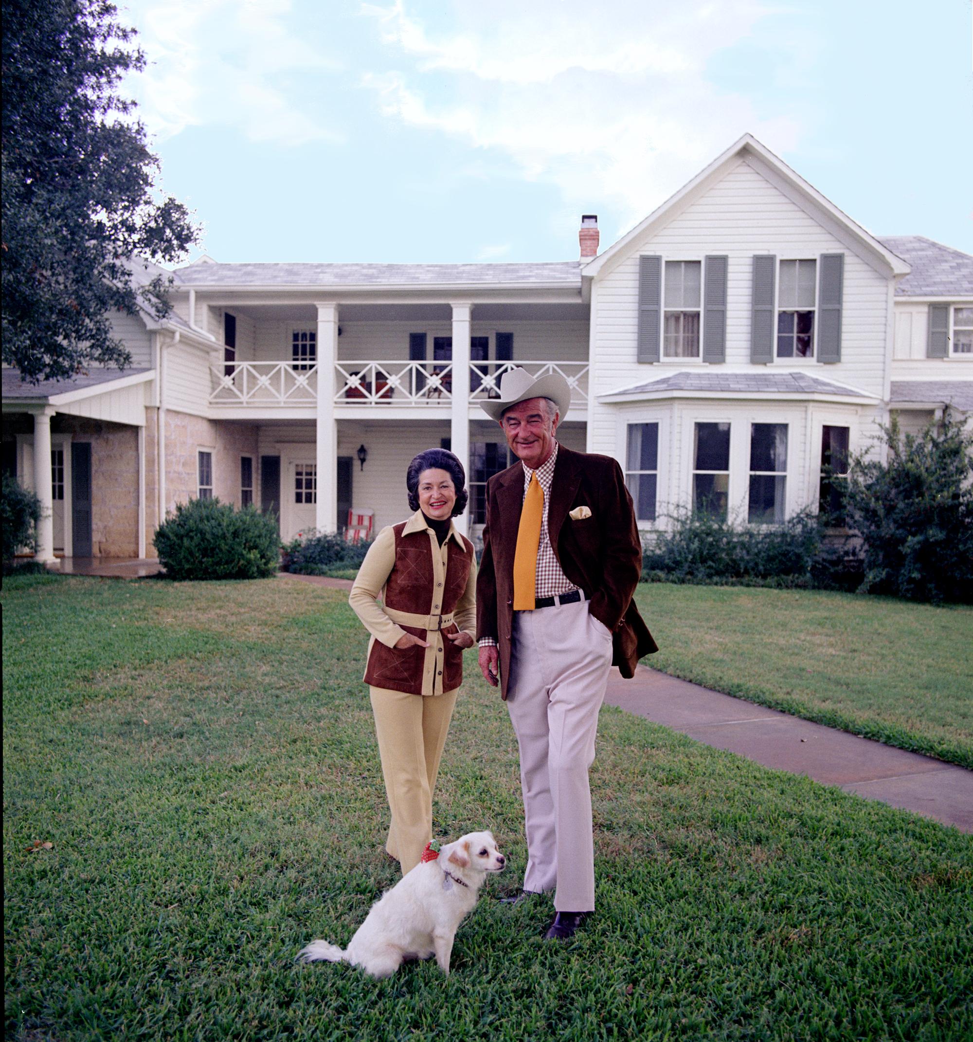 President and Mrs. Johnson with Yuki in front of the Texas White House