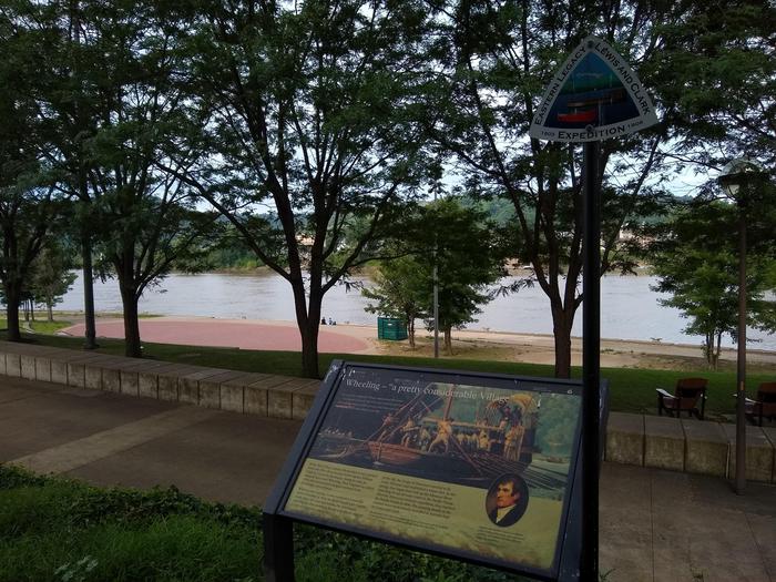 Park overlooking Ohio River in Wheeling, West VirginiaLewis and Clark interpretive sign overlooking park and the Ohio River