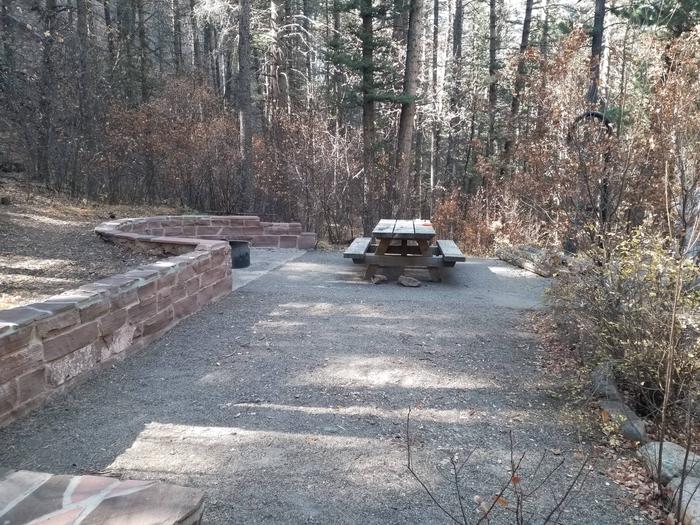 Site 13 with a picnic table, fire ring, lantern pole, and parking.