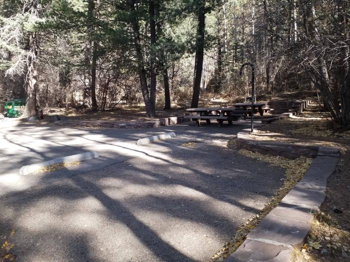 Site 23 with picnic tables, fire ring, lantern pole, and parking.