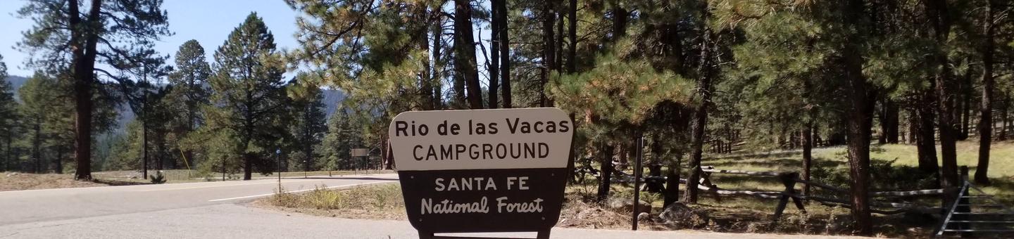 A campground entrance with pines, a highway and blue skies in the background.Campground entrance sign for Rio de Las Vacas.