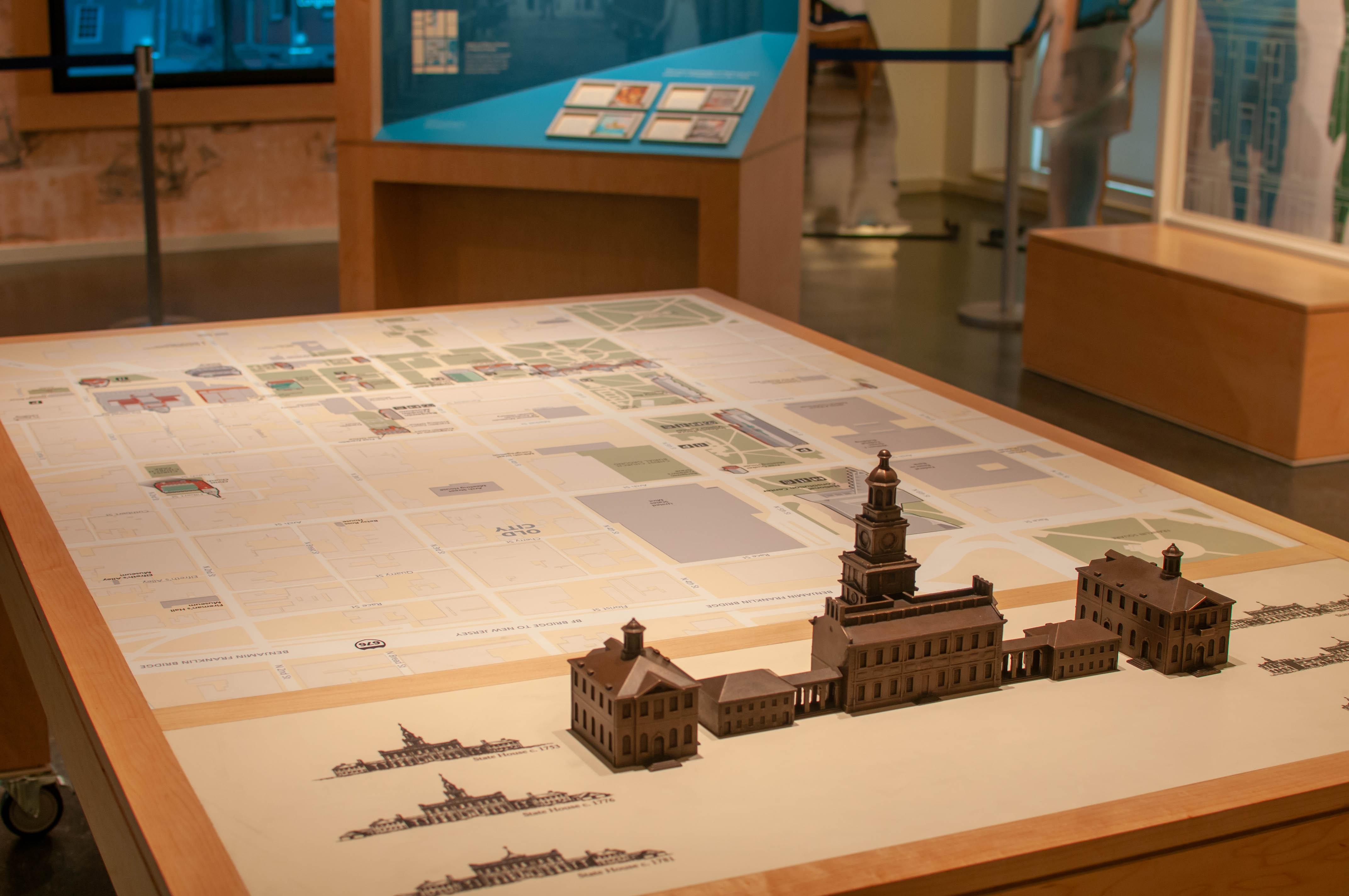 Independence Visitor Center exhibit area, map table with tactile model