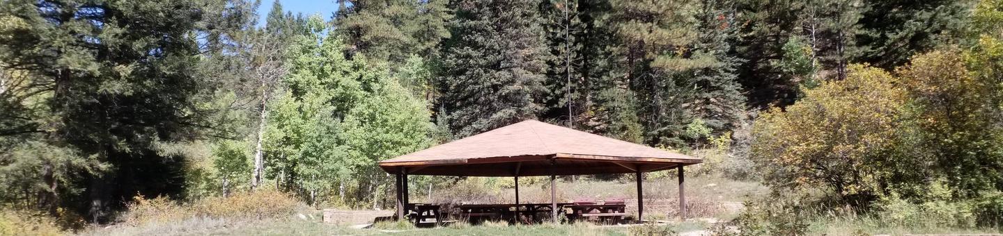 A ramada is surrounded by conifers and aspen in a sunny meadow.An outdoor picnic area with trees nearby.