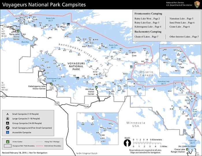 A map depicts each the location of each campsite in Voyageurs National Park--all of which are only water-accessible.Map showing all campsites in Voyageurs National Park. Remember, all campsites must be accessed by water.