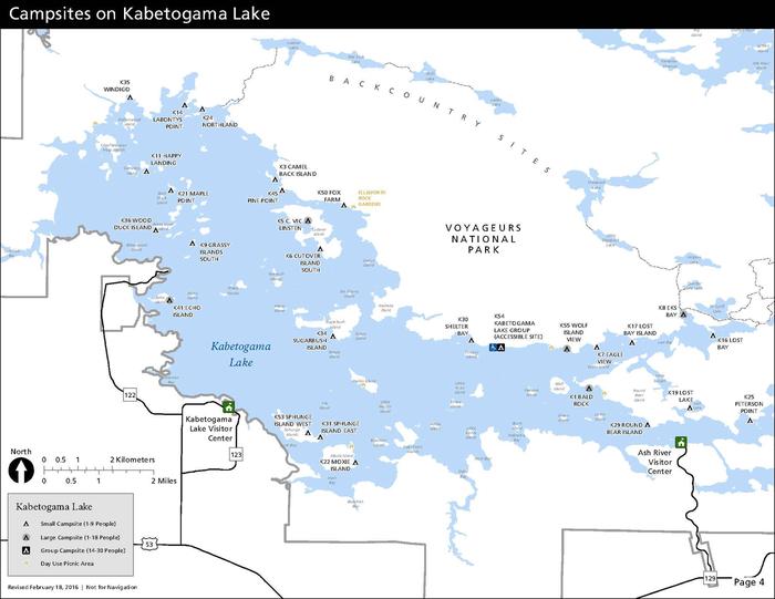 A map depicts each the location of each campsite on Kabetogama Lake in Voyageurs National Park--all of which are only water-accessible.Map of all campsites on Kabetogama Lake. All campsites must be accessed by water.