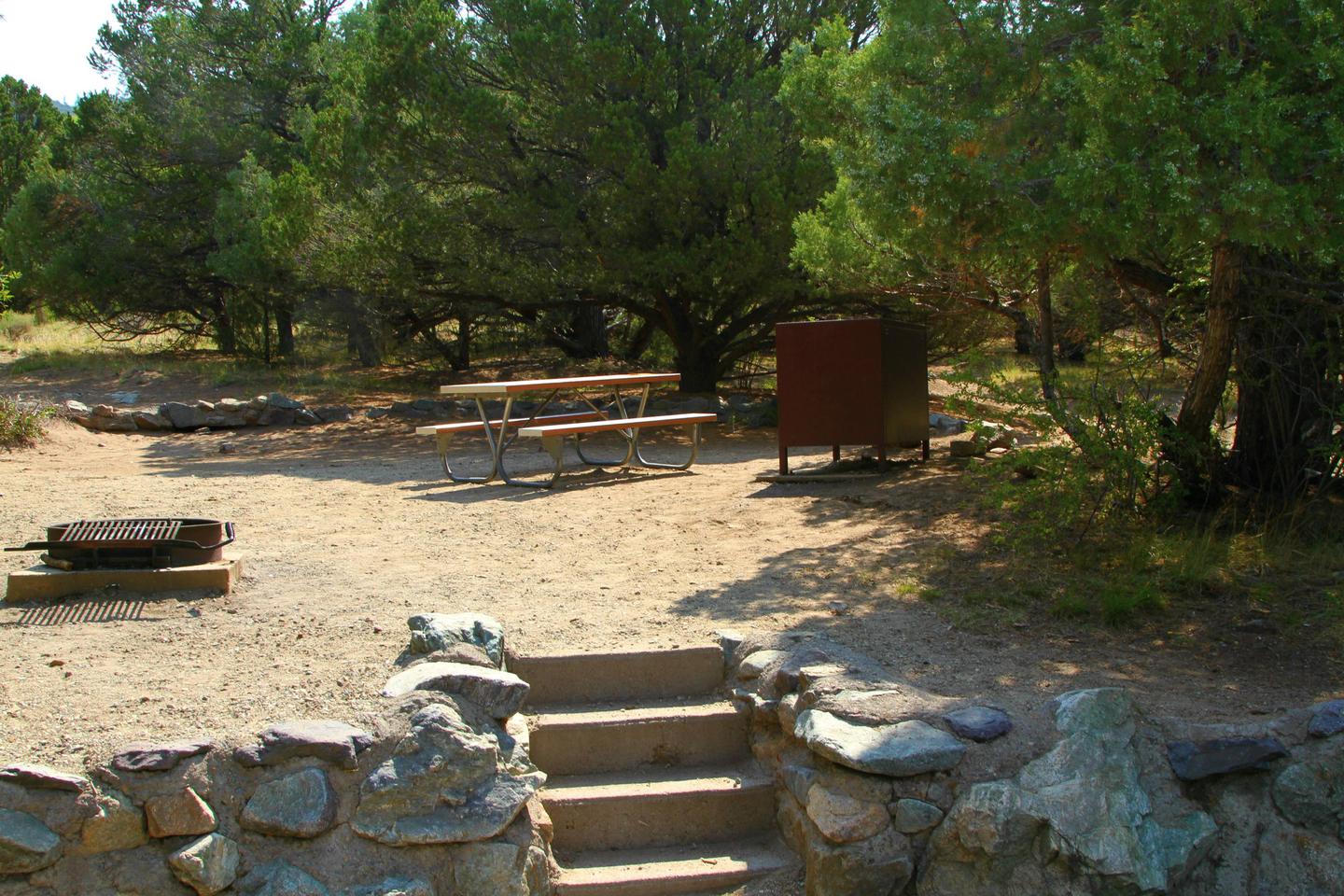 Closeup view of Site #52 tent pad and stairs, with fire ring, picnic table, and bear box. Site is surrounded by pine trees.Site #52, Pinon Flats Campground