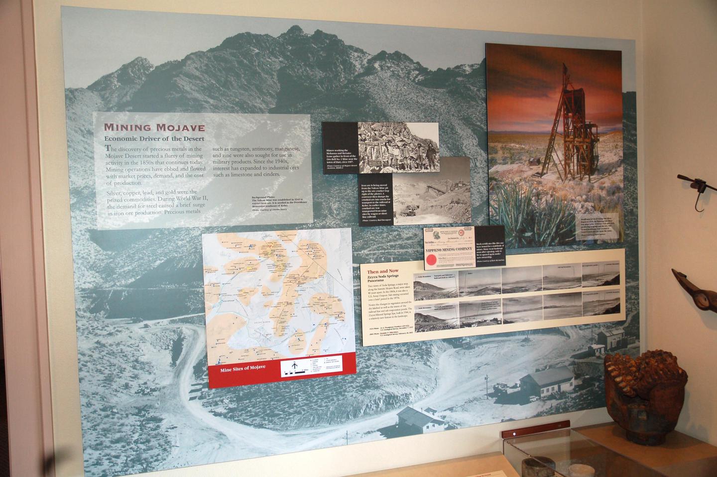 Mining exhibitExhibits in the Kelso Depot Museum are mostly wall-mounted. There are exhibits on mining, railroads, ranching, homesteading, and natural and cultural treasures within the Preserve
