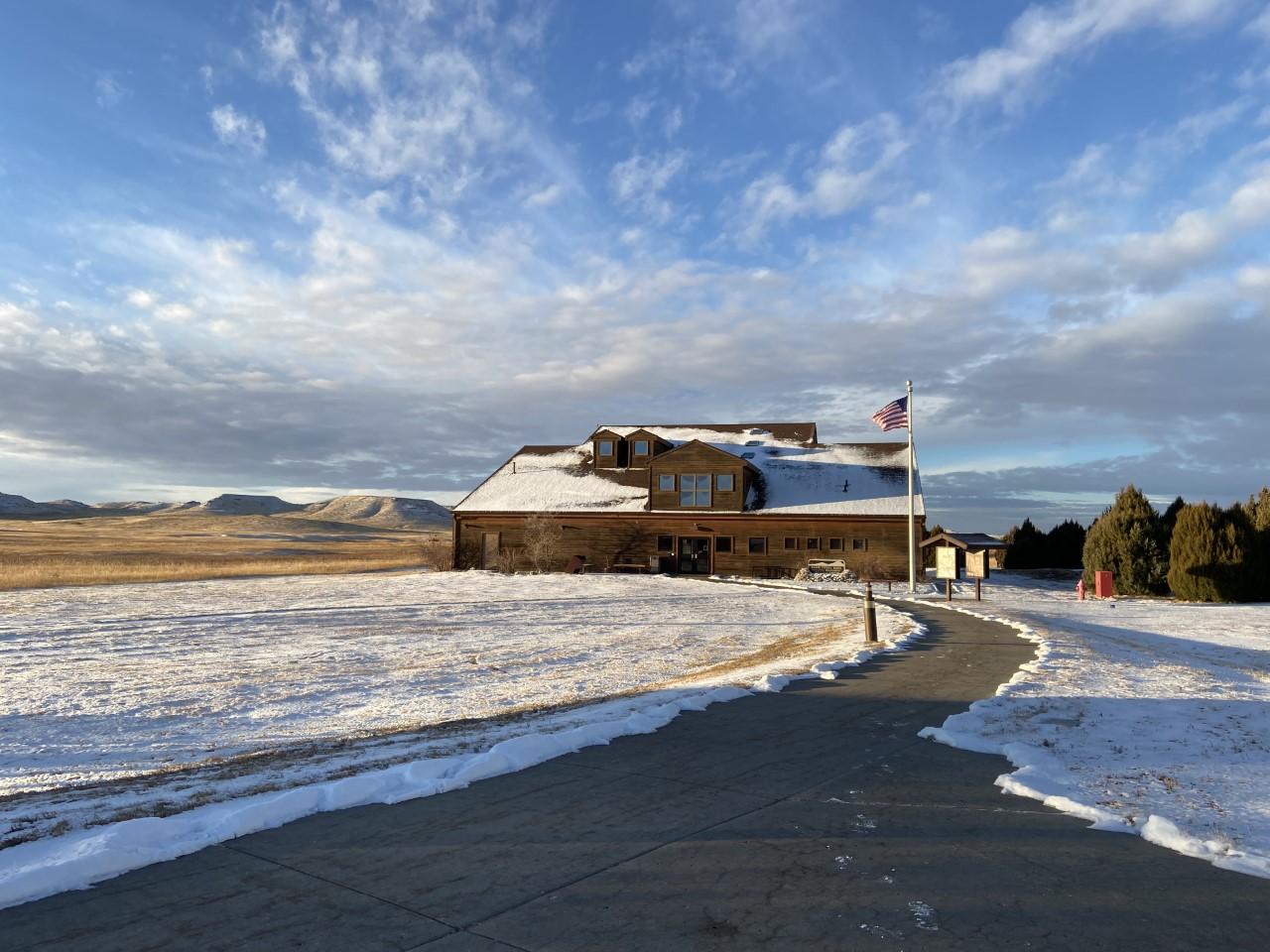 Landscape view of the Visitor Center in winter