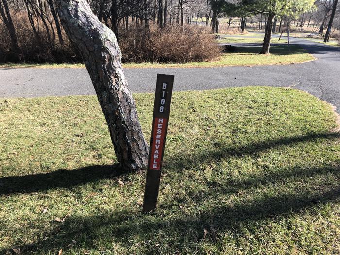 Site marker for B108; If you reserve this site, your camping pass will be attached to this site marker.  When you check out, drop your pass off at the registration office. 