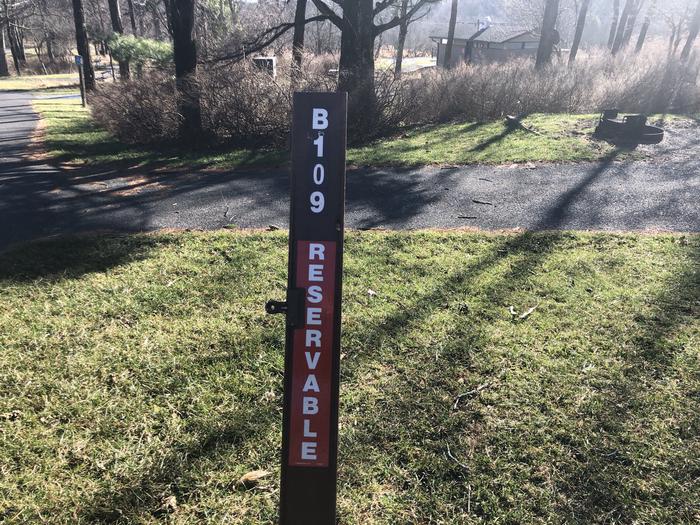Site marker for B109; If you reserve this site, your camping pass will be attached to this site marker.  When you check out, drop your pass off at the registration office. 