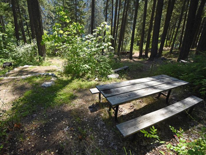 Picnic table at site with trees and lake in the background. Campsite overlooks Lake Chelan. 