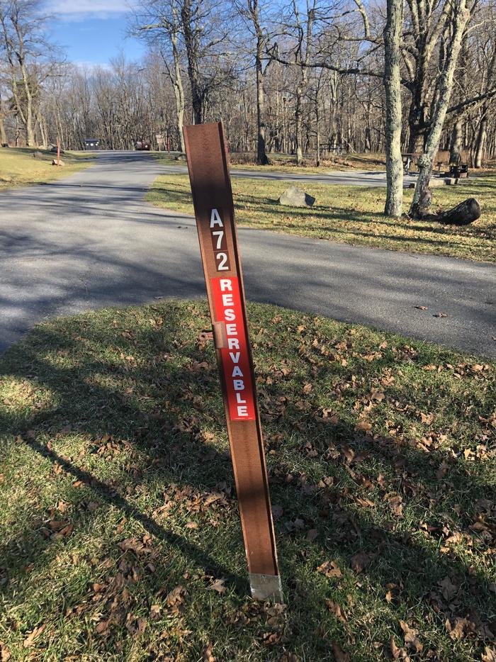 A72 site marker; If you reserve this site, your camping pass will be attached to this site marker.  When you check out, drop your pass off at the registration office.
