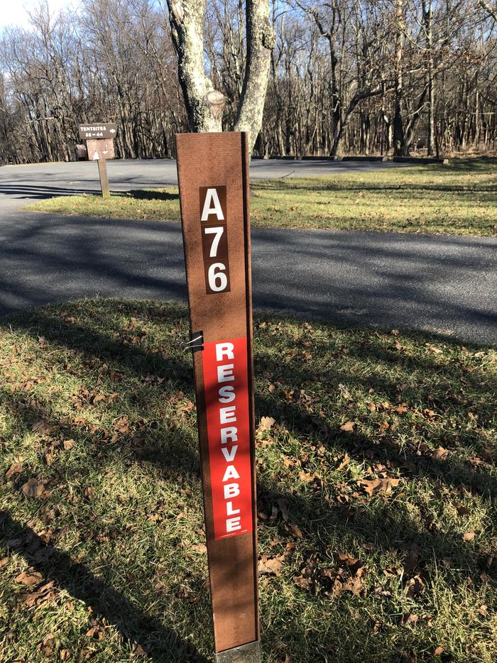 Site marker for A76; If you reserve this site, your camping pass will be attached to this site marker.  When you check out, drop your pass off at the registration office. 