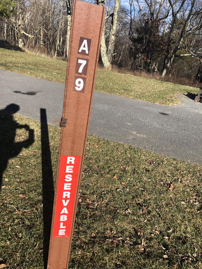 Site marker for A7; If you reserve this site, your camping pass will be attached to this site marker.  When you check out, drop your pass off at the registration office. 