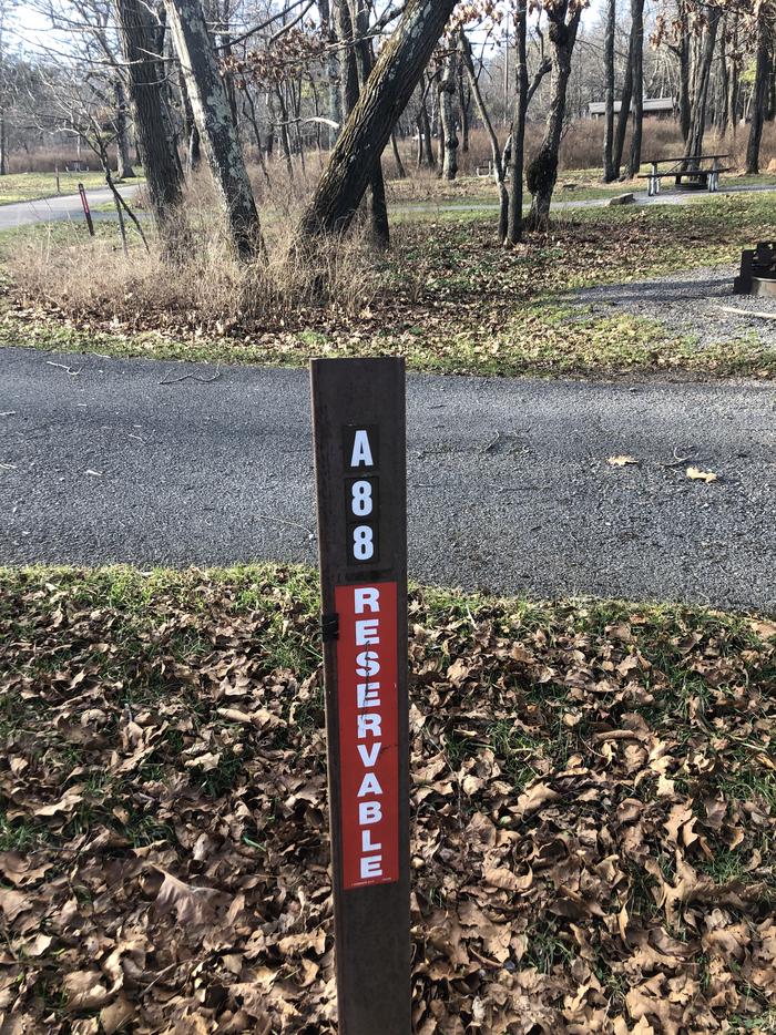 Site marker for A88; If you reserve this site, your camping pass will be attached to this site marker.  When you check out, drop your pass off at the registration office. 