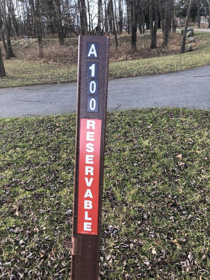 Site marker for A100; If you reserve this site, your camping pass will be attached to this site marker.  When you check out, drop your pass off at the registration office. 