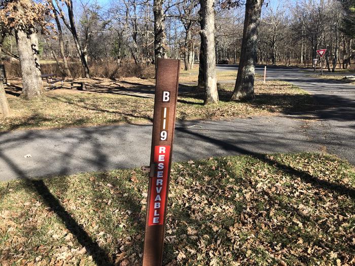 Site marker for B119; If you reserve this site, your camping pass will be attached to this site marker.  When you check out, drop your pass off at the registration office. 