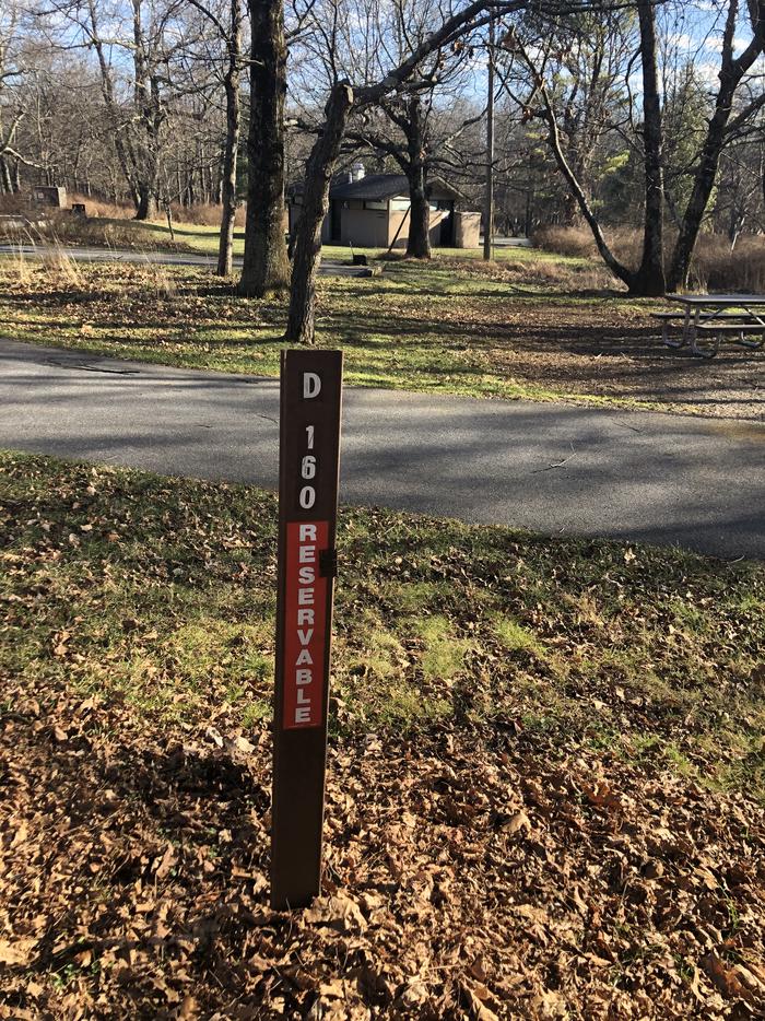 D160 site marker; If you reserve this site, your camping pass will be attached to this marker.  When you check out, drop your pass at the registration office.