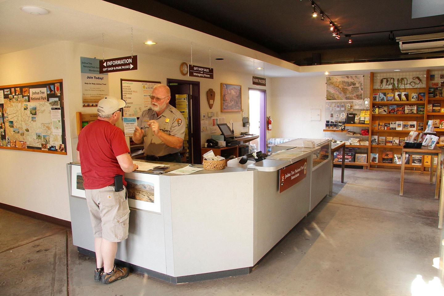 Front Desk at the Joshua Tree Visitor CenterAll park visitor centers have information desks for visitors to get orientation materials and ask questions to park employees.