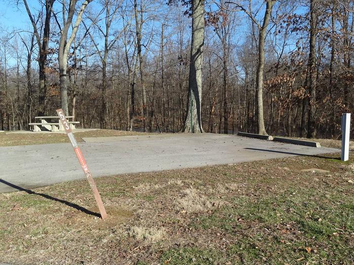 his site is nestled in the trees providing shade. The picnic table and fire pit are to the left of the concrete pad. The picnic table sits on a paved pad. This is a full hookup site and all hookups are located on the right. 