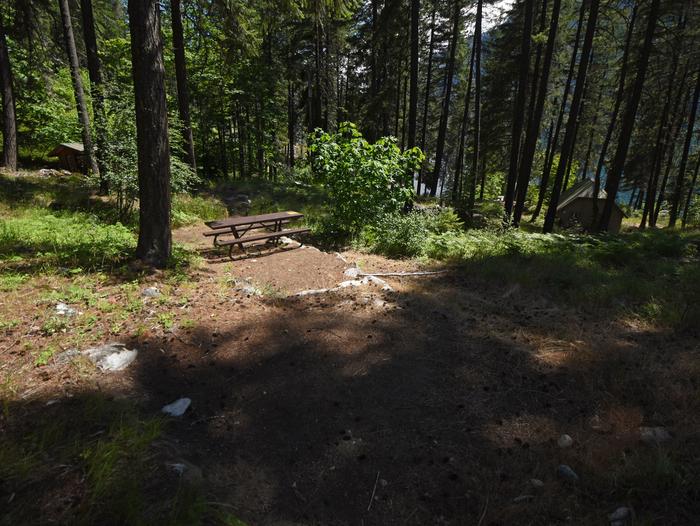A picnic table in a campsite surrounded by open forestLakeview Site 7