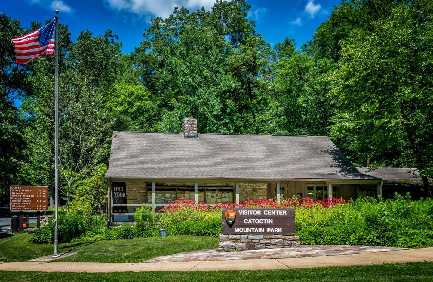 Visitor Center in SummerCatoctin Mountain Park's visitor center during the summer with a flourishing pollinator garden.