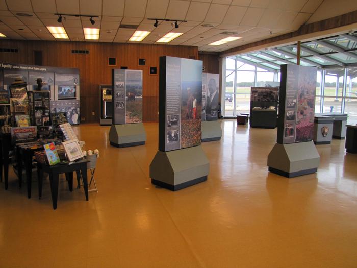 Hangar Visitor Center InteriorVisitors can learn more about President and Mrs. Johnson through exhibits and a short film.