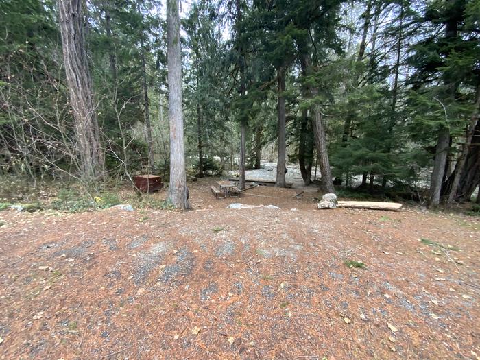 Bear box, picnic table, and campfire ring near a creek, down below the parking spot.View of campsite.